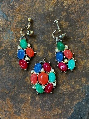 Multicolor Vintage Cluster Drop Earrings and Pendant Set